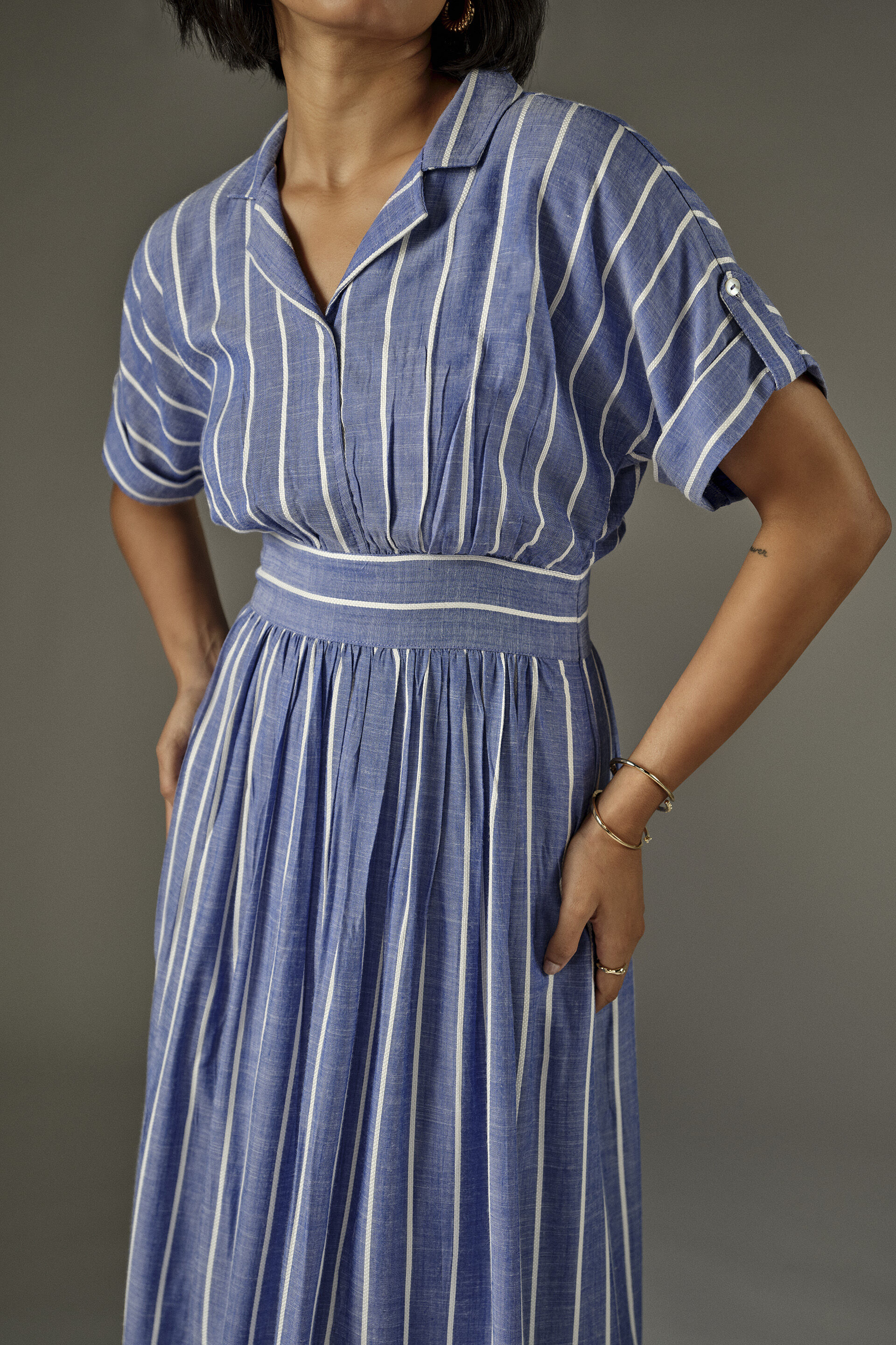 Fit & Flare Striped Midi Dress in Blue, Blue, image 3
